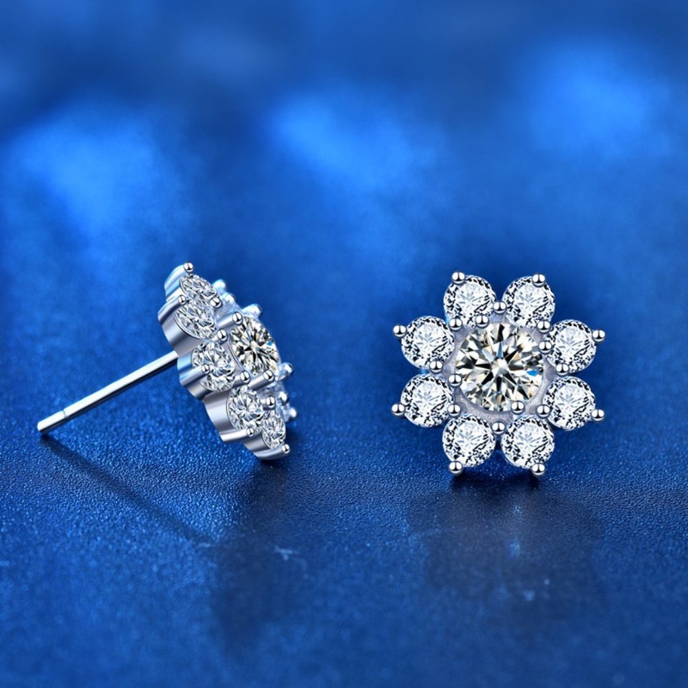Certified 1ct. t.w. Diamond Moissanite Sun Flower Stud Earrings NEW J - Picture 3 of 8